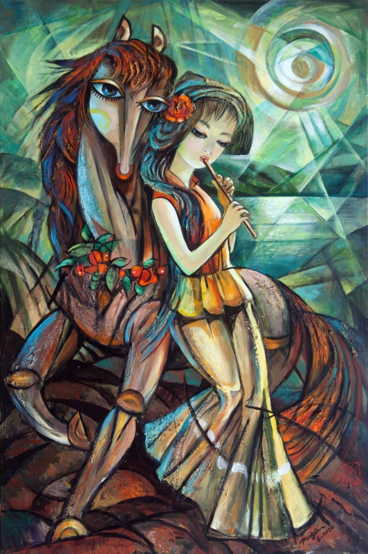 Sunset Flowers and Flute by artist Ping Irvin
